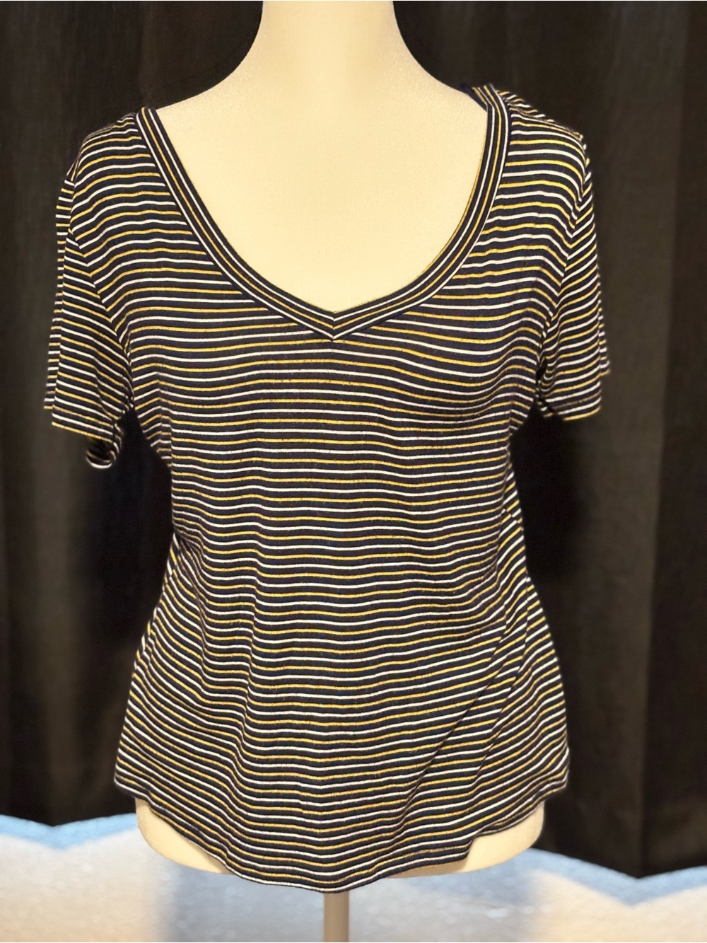 Socialite Women’s Short Sleeve V-Neck Tee in Black and Yellow Stripes